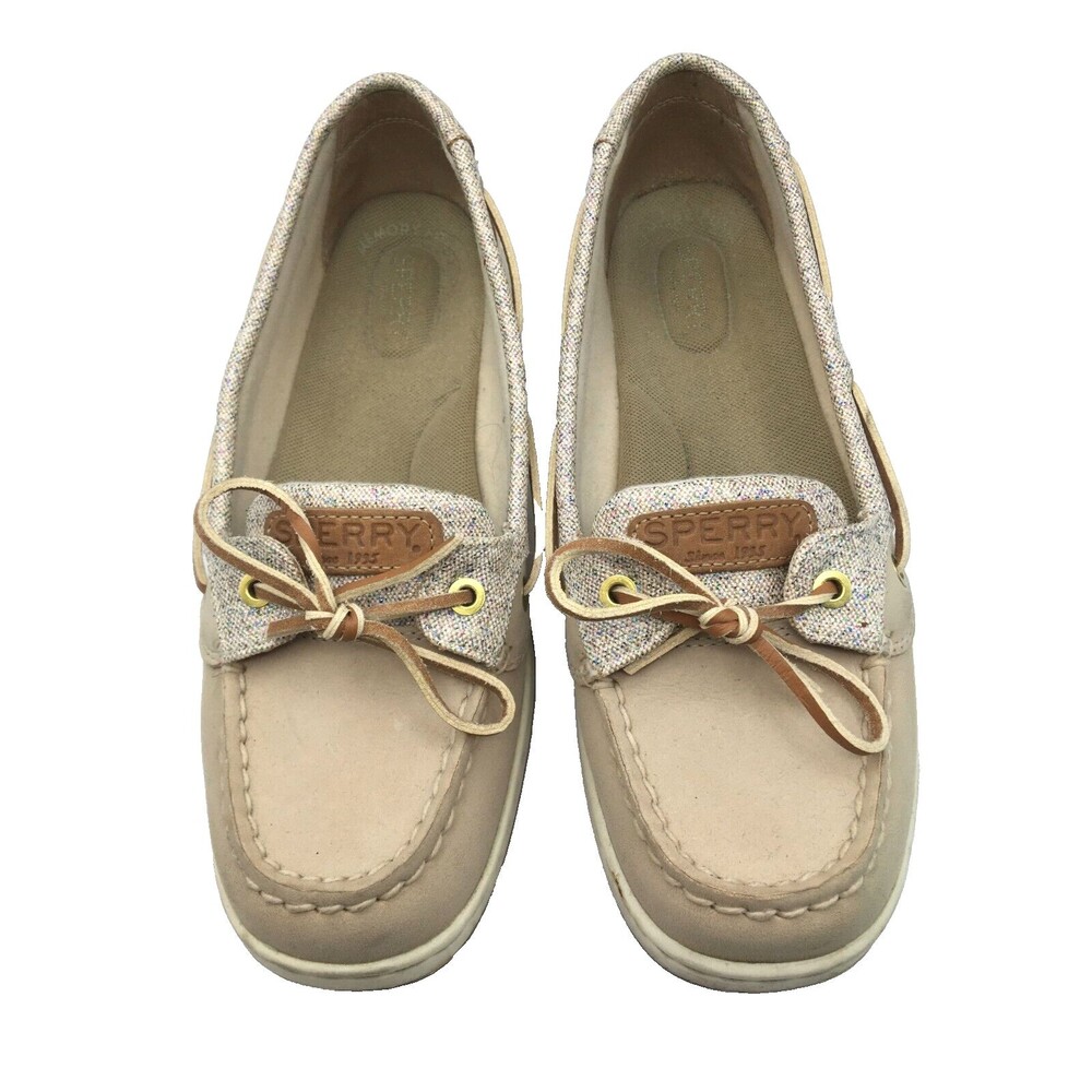 Women's Sperry Topsider Boat Shoes Loafer 8 Beige Tan Sparkle RUNS NARROW